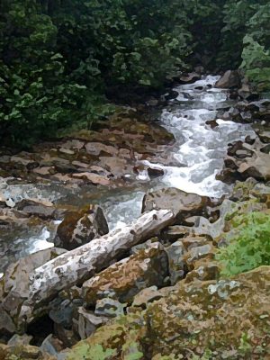 Alaska notecard and limited edition print showing rocky mountainside with stream tumbling down.