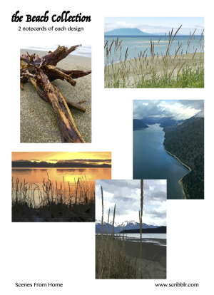 Arrangement of five designs showing beach scenes for notecard gift box.