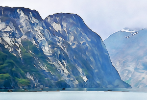 Steep rocky slope and shoreline, Glacier Bay.