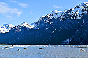 Alaska notecard showing kayakers surrounded by icy waters of Glacier Bay.