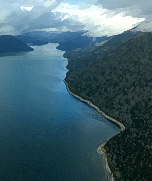 Alaska notecard and limited edition print showing aerial view of blue water, shoreline and green mountains under a cloudy sky.