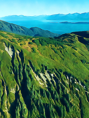 Alaska notecard showing aerial view of high summer deep green color on the mountainsides, with water beyond.