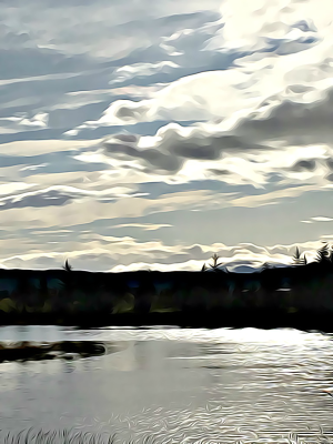 Alaska notecard showing sparkling river water and colorful clouds.