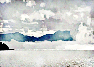 Alaska notecard showing fog low on the water, mountains beyond.