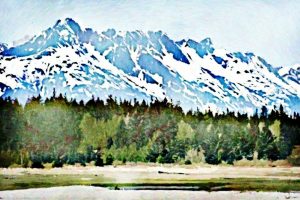 Alaska notecard showing green forest and blue mountains.