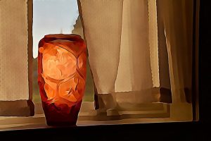 Alaska notecard showing sun shining through red glass vase on the windowsill.