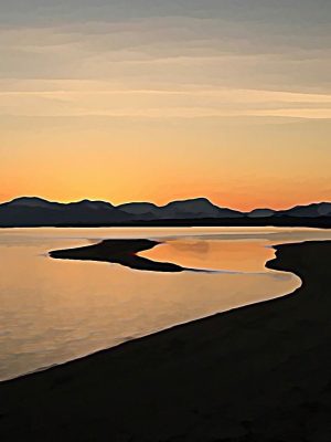 Alaska notecard showing sunset colors on the water at low tide.