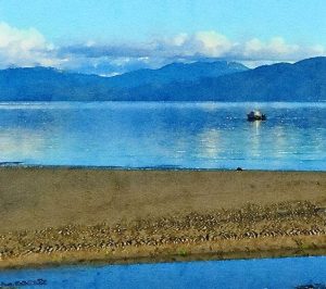 Alaska notecard showing boat anchored out on calm water, mountains in the distance.