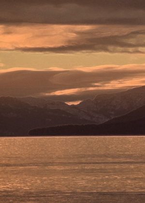Alaska notecard showing quiet waters and sunset sky on a late winter afternoon. Glacier Bay, Alaska.
