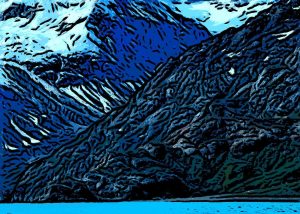 Alaska notecard showing rocky mountainside and shoreline.