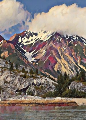 Alaska notecard and limited edition print showing colorful mountainside, rocks, trees and water under a cloudy sky.