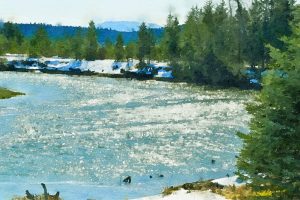 Alaska Notecard showing sunlight on the river with snow on the riverbank.