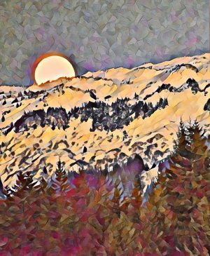 Full moon rises over snowy mountainside. Gustavus, Alaska.