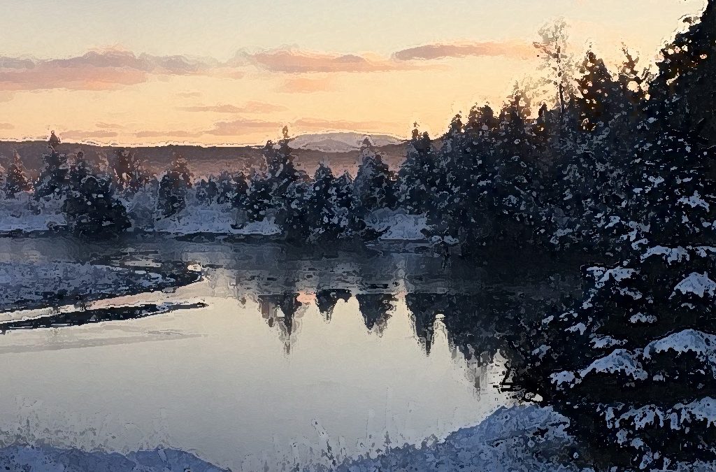 February ice skims the Salmon River, snowy trees, winter sky.
