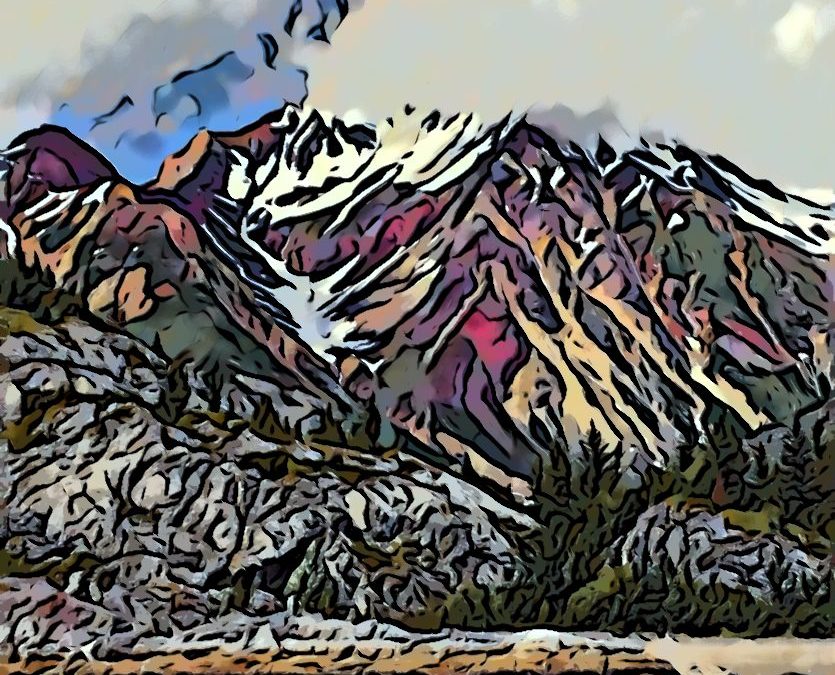 Alaska notecard with mountainside showing many layers of snow, rock and vegetation. Glacier Bay National Park, Alaska.