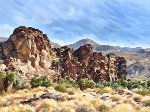 Notecard showing rock cliff and palms growing at the base, Andreas Canyon in Southern California.