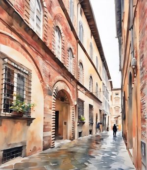 Notecard showing streets in the old town section of Lucca, Italy.