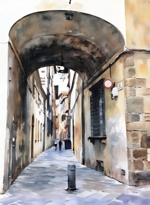 Notecard showing arches and alleyways in the old town of Lucca, Italy.