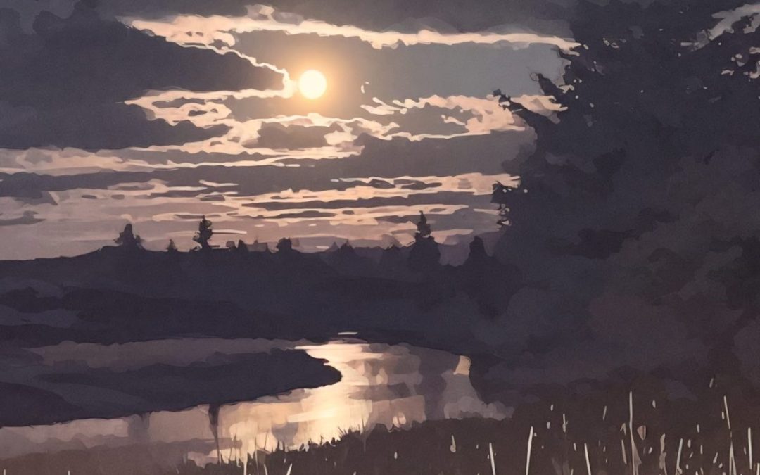 Alaska notecard showing moonlight reflections on the river surface.